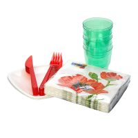 Набор одноразовой посуды "Buffet style" [6 стак. 200 мл, ПС+6 тар. d180 мм, ПП+6 вил.+6 нож.+6 салф.], диз. в ассортим. 15 упак/кор РОССИЯ 187445