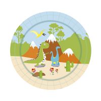 Тарелка одноразовая мелкая d230 мм, диз. "Динозаврики", карт. ламин., 6 шт/упак "МИСТЕРИЯ" 432 шт/кор РОССИЯ