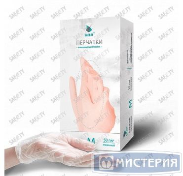Перчатки виниловые, р-р M, неопудрен., прозр., 50 пар/упак "Safe&Ty" 10 упак/кор КИТАЙ ME10TR40SFBS83